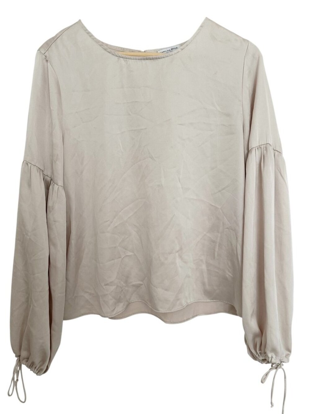 Carolina Belle Montreal Women L Beige Silky Balloon Sleeve Blouse Tie Cuff Top